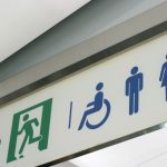 Photo d'un panneau de signalétique réglementaire avec indication sortie de secours et sanitaires